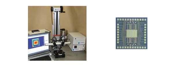 Měřící systém Q-400 TCT a yzorek čipu (1cm x 1cm)