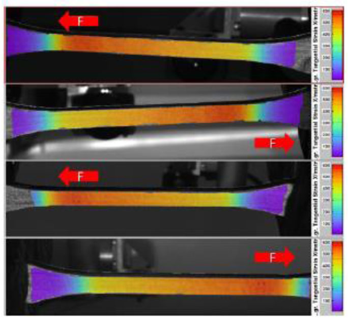 Deformace vzorku při tahové zkoušce snímaná z obou stran